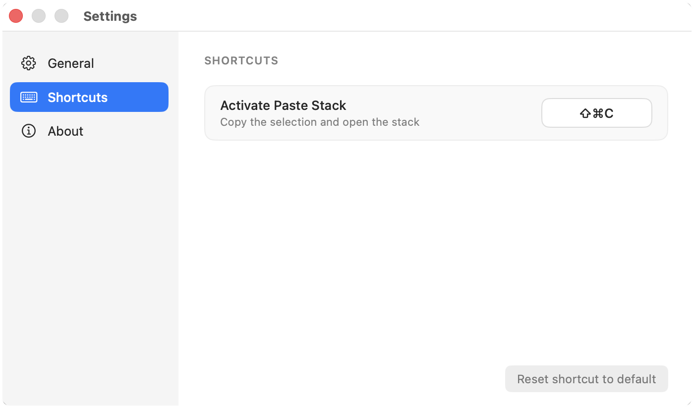 Shortcuts settings